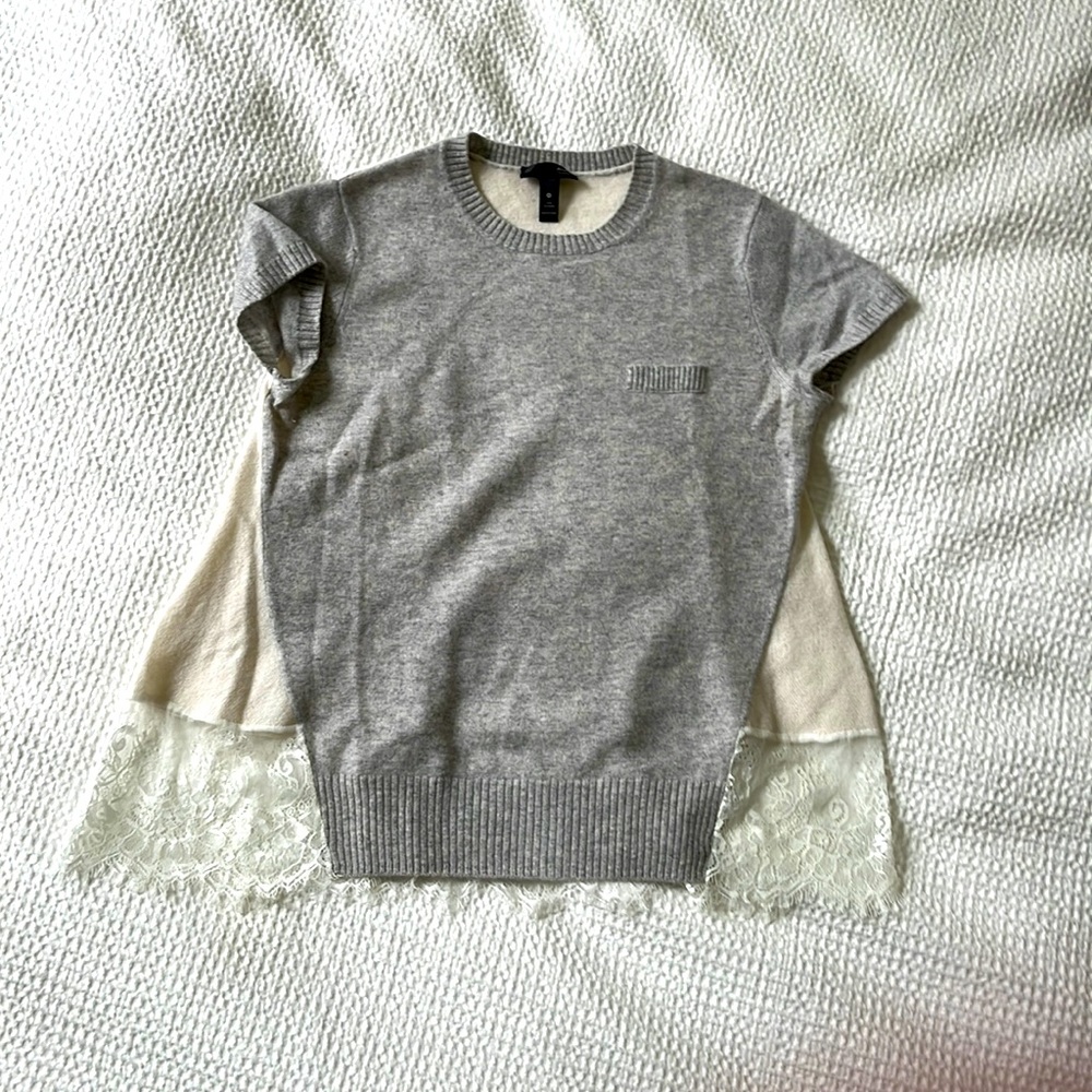 Aqua Cashmere Short-sleeved Sweater w/ Lace - M